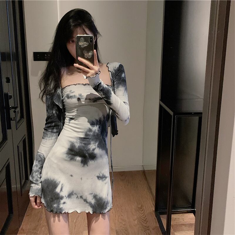 絞り染めのチューブトップドレス女性の2020年秋新しいセクシーなタイトフィットの薄いヒップショートスカート気質ウエストスカート ブラックストロベリース43942074990