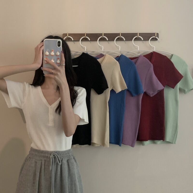 ホワイトニットTシャツ サマーレッドVネックスリム 夏物 YY-ファッション82560038194