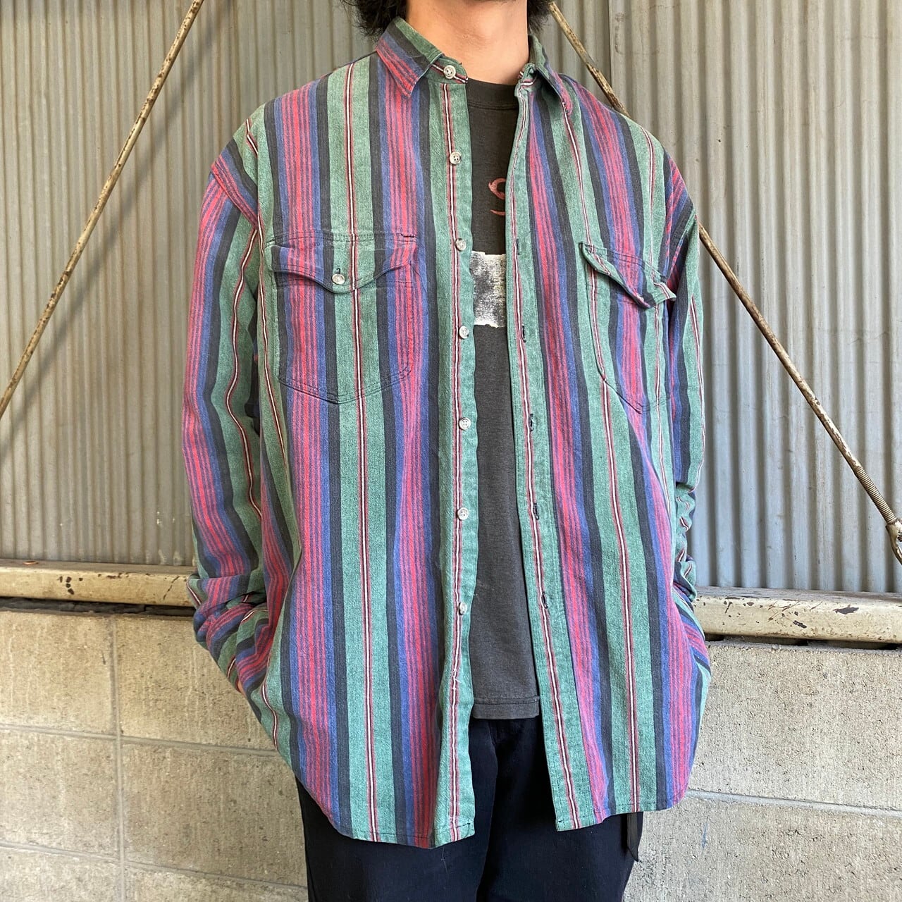 USA製 80年代 Eddie Bauer エディーバウアー ストライプシャツ メンズ 
