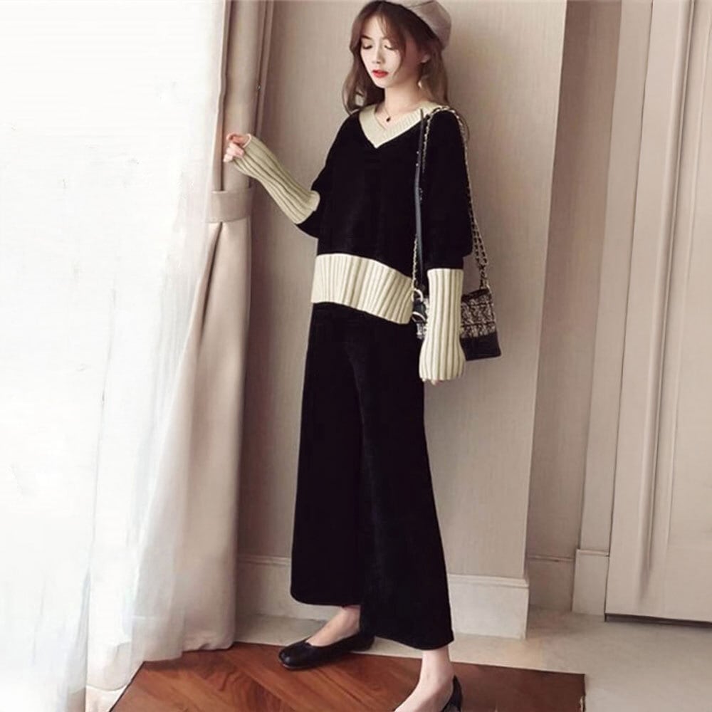 ニット セットアップ レディース 春秋冬 韓国 きれいめ 大人 かわいい カジュアル シンプル アンサンブル バイカラー おしゃれ ビジネス オフィス ルームウェア 大人可愛い 大人女子