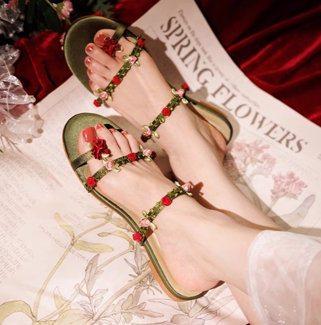 retro flower design flat heel sandals【2024012905】