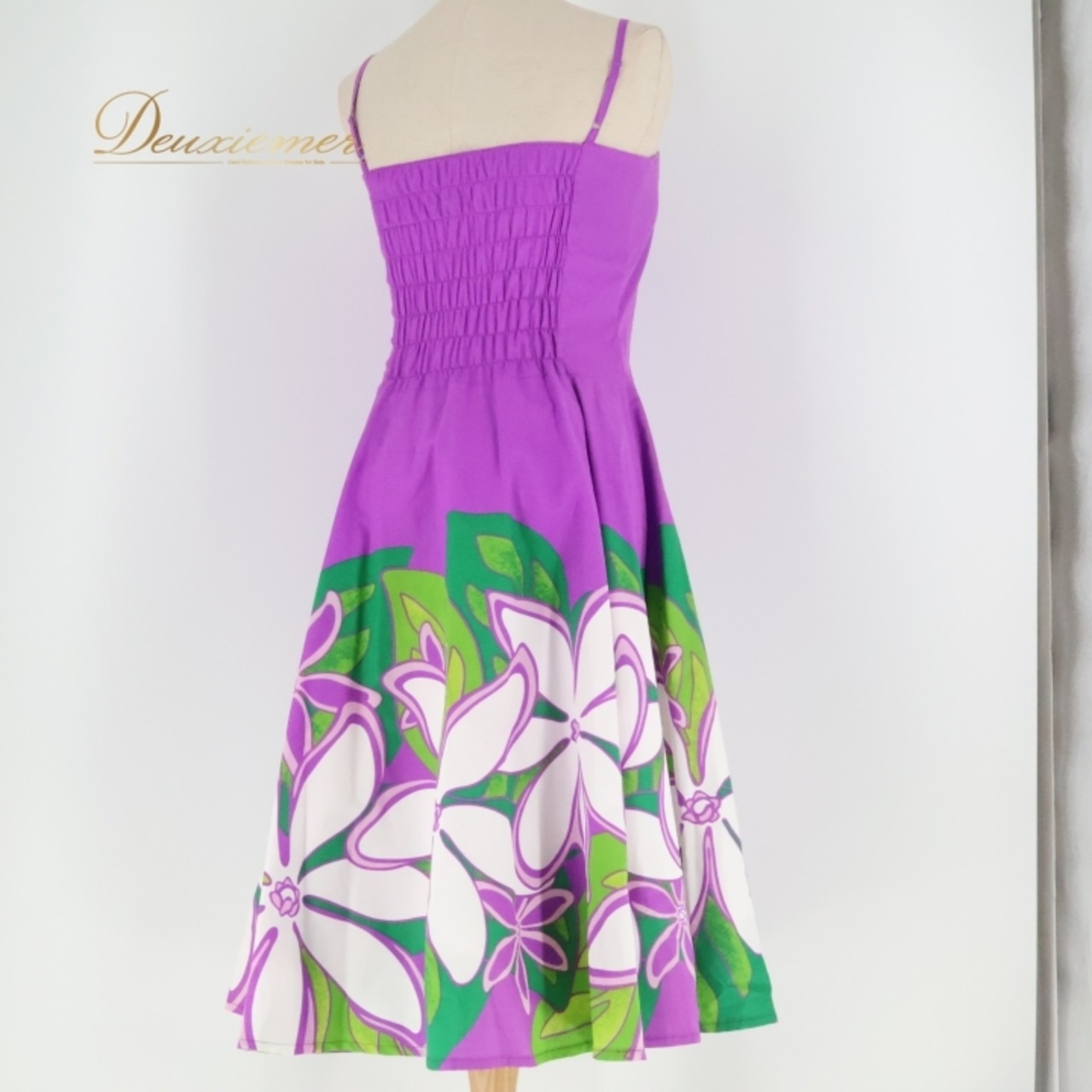 フラダンス 衣装 ワンピース ドレス セキノレーシングスポーツ パープル系 日本製 キャミソールドレス ティアレ柄 かわいい 華やか 鮮やか 明るい 紫 緑 白 ハワイアン アロハ ハワイアンプリント フラ ダンス レッスン 練習 レディース おしゃれ
