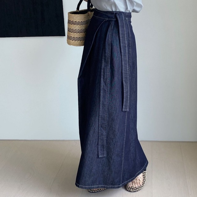 デニム素材ウエストリボンAラインロングスカート　M0442