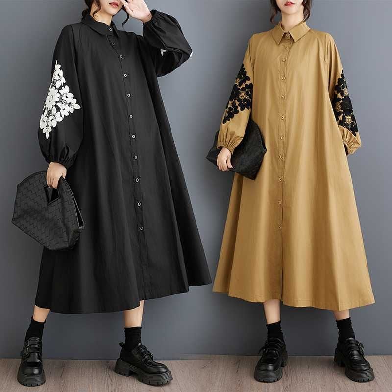 EMBROIDERED LANTERN SLEEVES A-LINE MIDI SHIRT DRESS 2colors M-15881