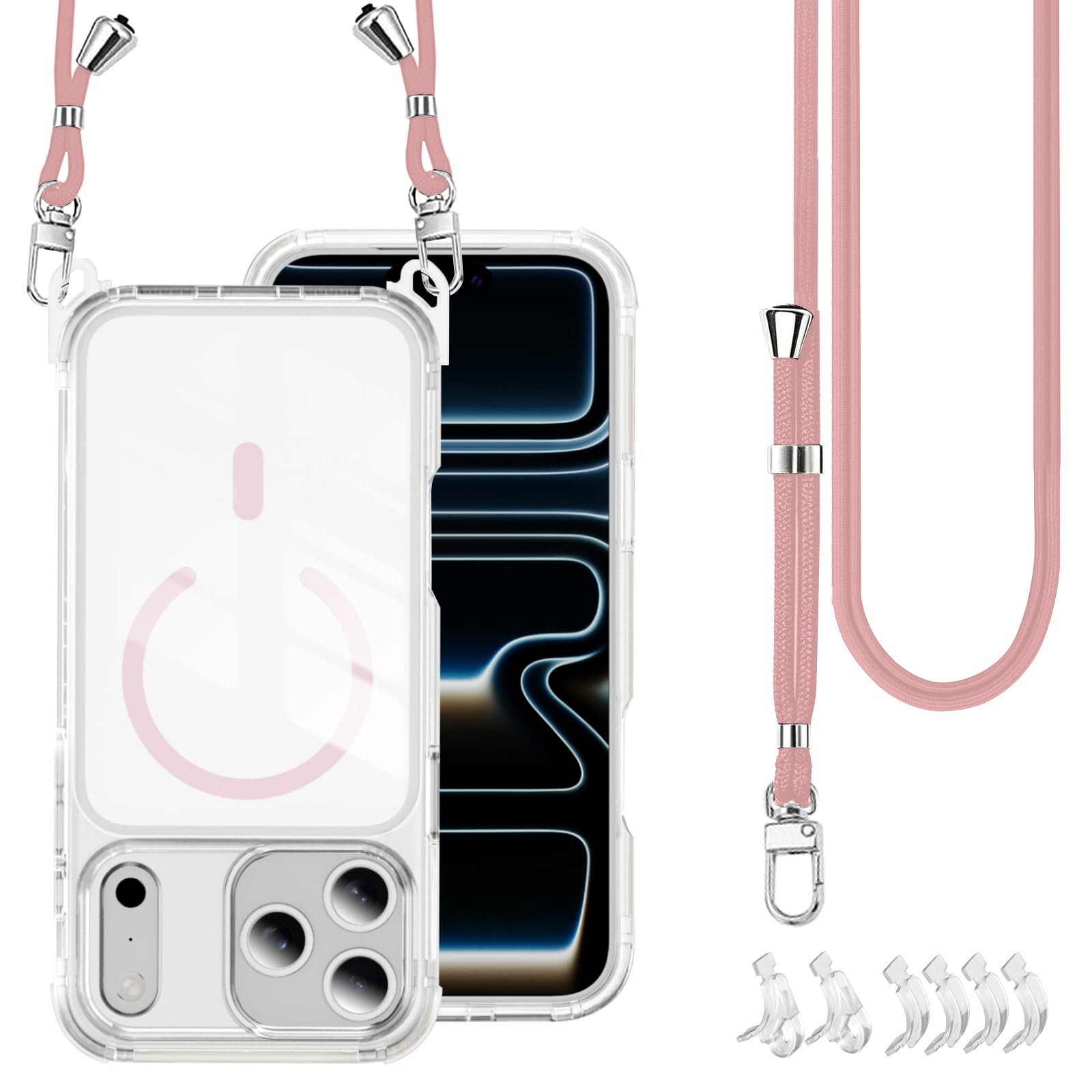 対応 iPhone 18 Pro/17 Pro 用 ケース クリア ショルダー MagSafe対応 ストラップ付きピンク