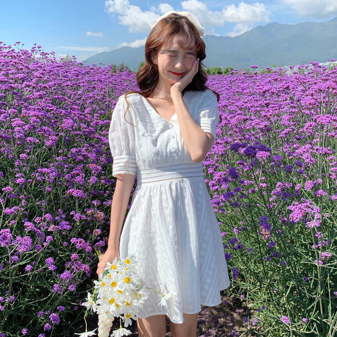 夏2020新しいウエスト痩身中空レースフック花妖精妖精半袖ドレス女性の 