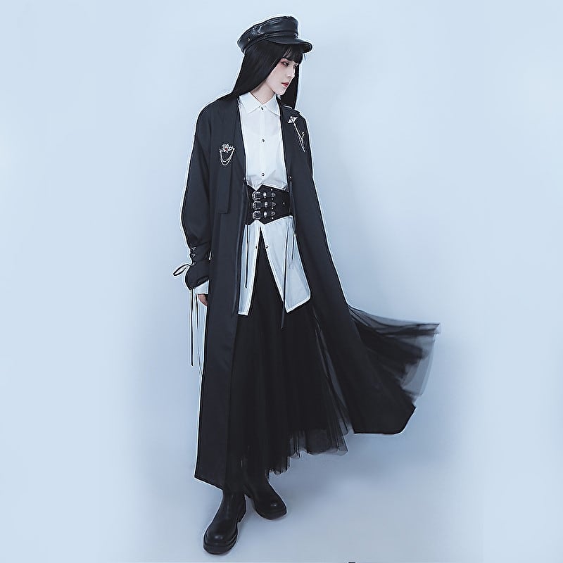 ロング コート ユニセックス ミリタリー風 チェーン ブローチ レザー