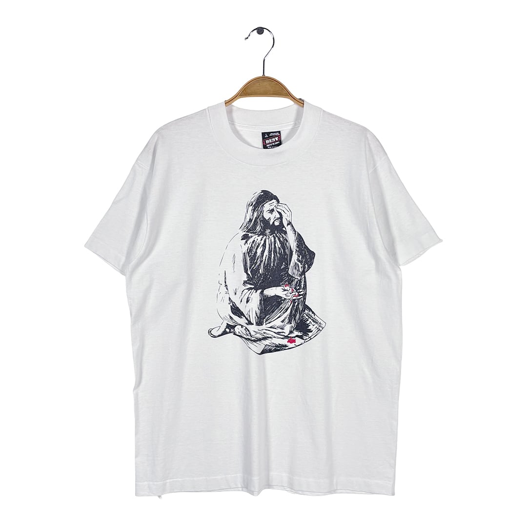 90s ジーザス キリスト アートT USA製 ヴィンテージ Tシャツ ホワイト シングルステッチ フルーツオブザルーム サイズL BZ0671