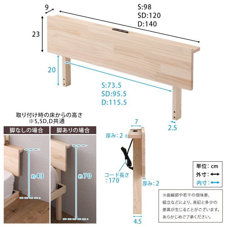 宮単品】パイン材高さ2段階調整脚付きすのこベッド用(セミダブル
