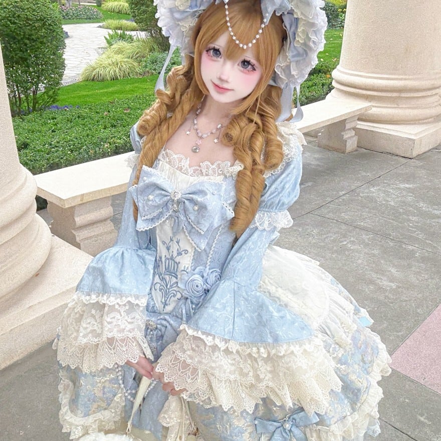 甘ロリセットアップ 水色×白 ボンネット×トレイン付き 豪華姫系ドレス