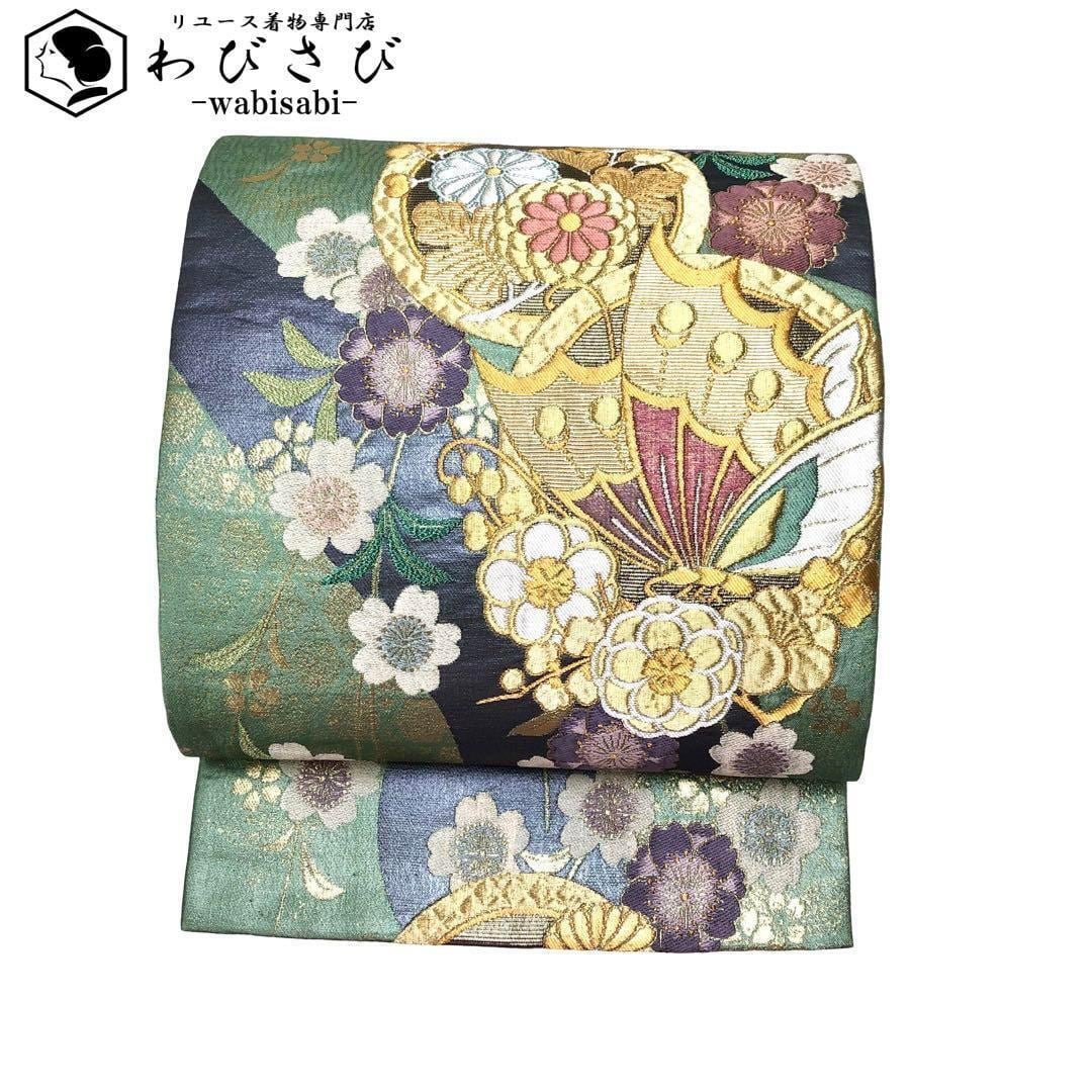 袋帯 紬 瓢箪 丸に入子菱 七宝繋ぎ 生成色 O-5350 袋帯 紬 瓢箪 丸に入子菱 七宝繋ぎ 生成色 O-5350 着物 きもの