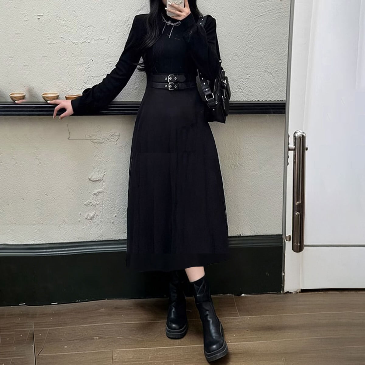 ロングワンピース ベルト飾り 長袖 レディース 春秋 韓国 ワンピース おしゃれ きれいめ 大人 カジュアル フレア ハイウエスト ウエストマーク 上品 体型カバー Aライン 大人可愛い 大人女子