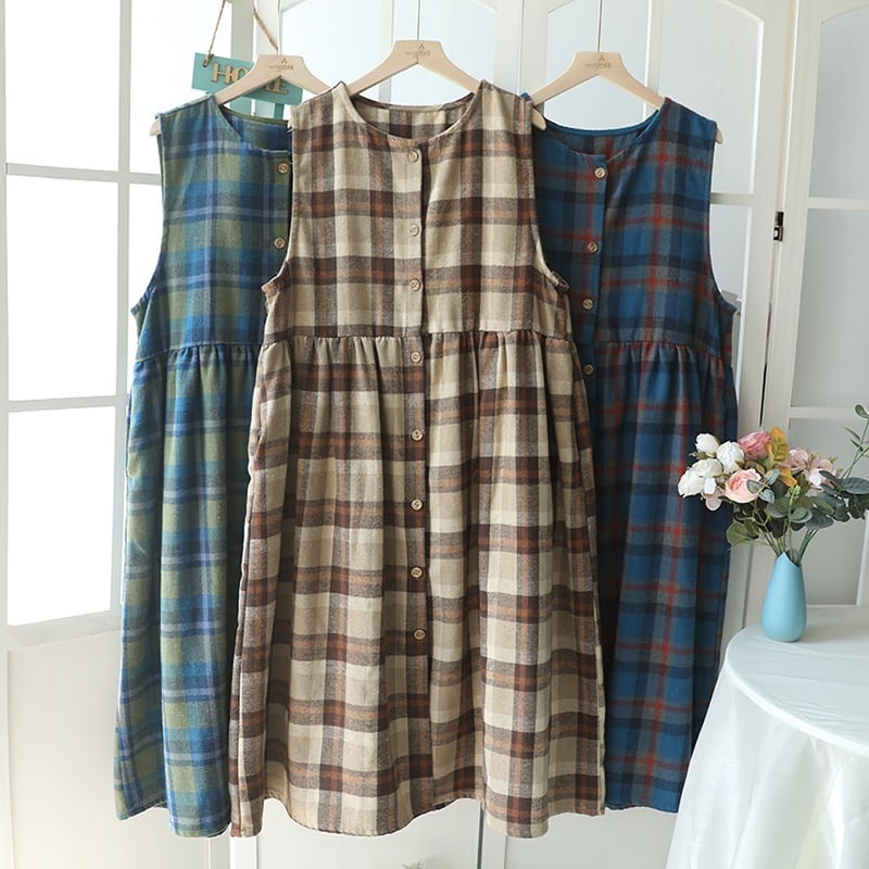チェック柄ノースリーブフロントボタンワンピース W0918