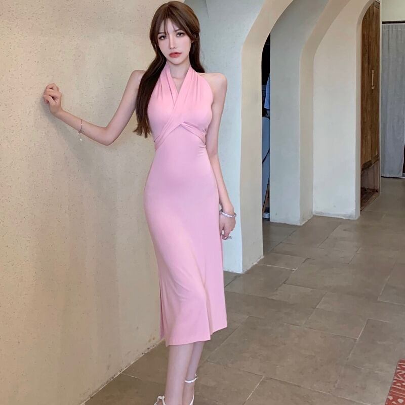 サマースタンダードスリムバックレスドレス レトロ エレガント 夏物 ハンチェンe12559347008