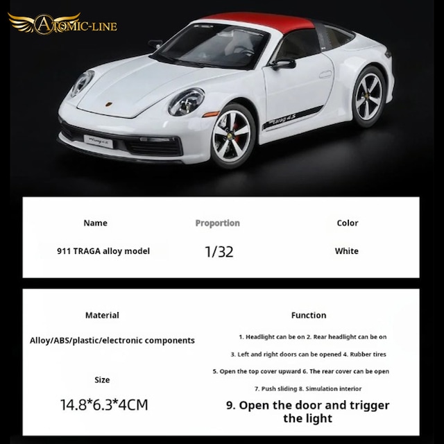 ポルシェ 911 Targa 4S ミニカー 1/32 ライト点灯 オープンギミック 合金モデル 模型 ジオラマ