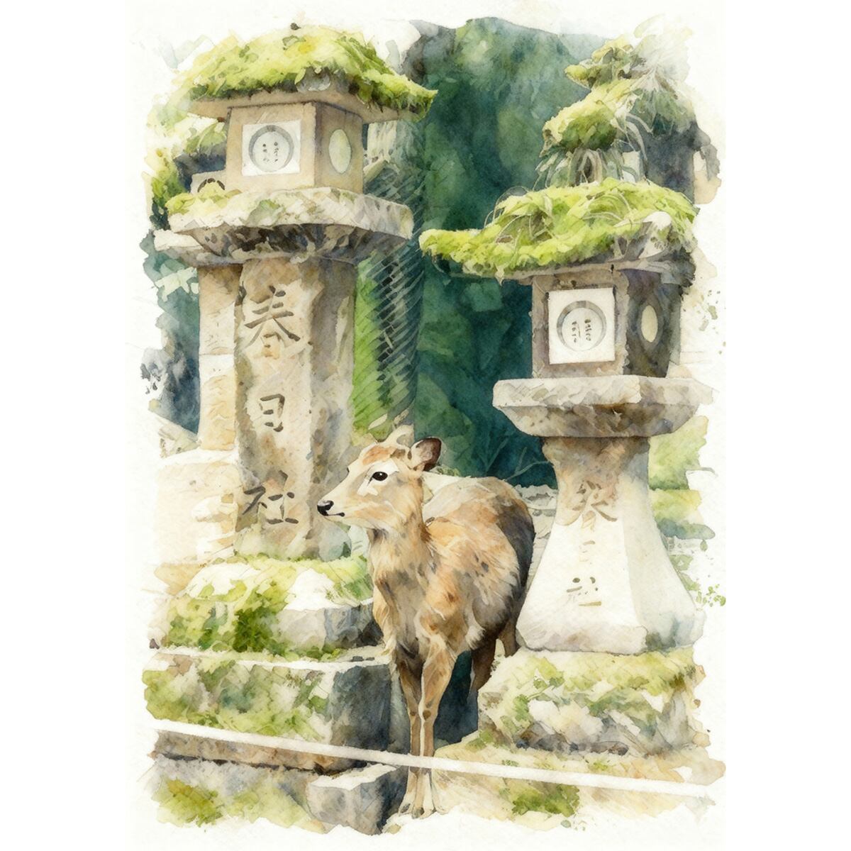 絵画 風景画 日本 奈良県 奈良公園のシカ インテリアアート額付き 水彩画風 WAT1724