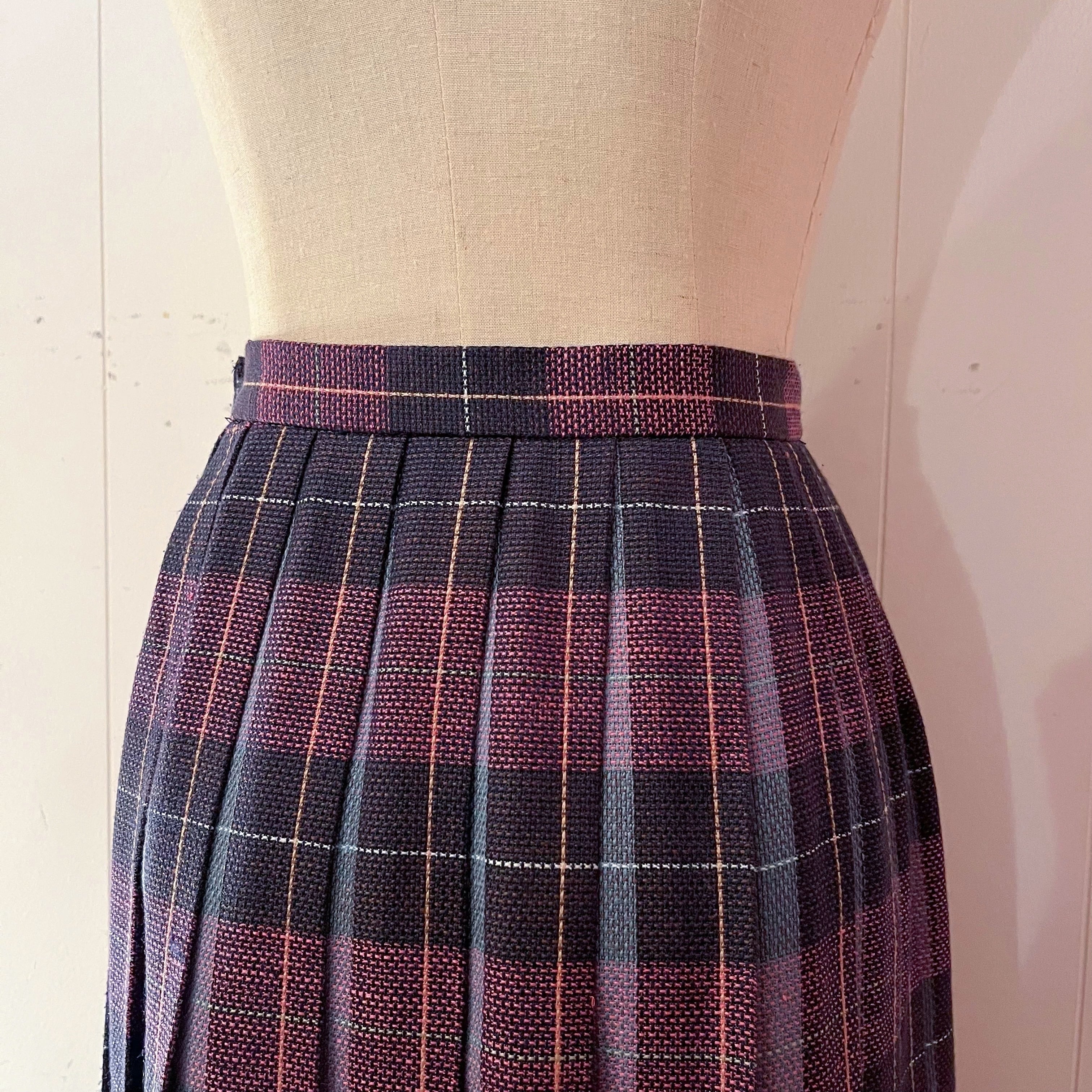 pink green check pleats skirt
