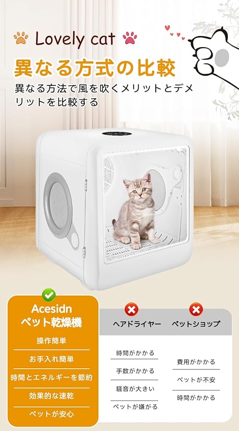 Acesidn犬 猫 ペットドライルーム 65L大容量 猫乾燥機 ペット用ドライ