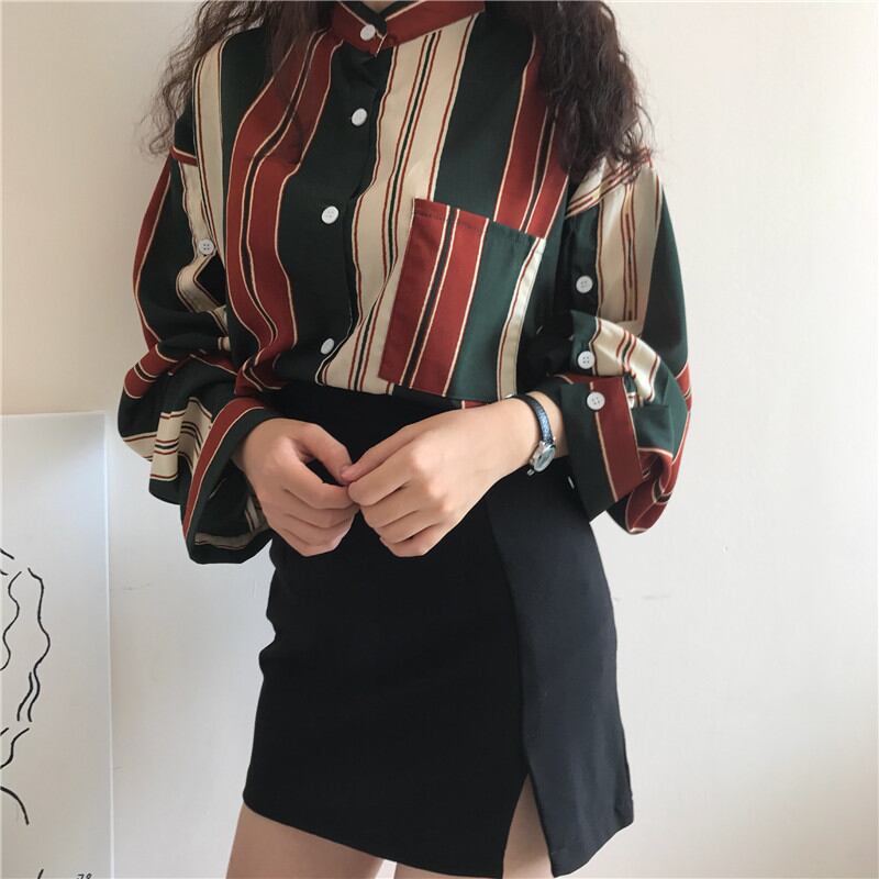 メンズ韓国 ヴィンテージ ファッション ストライプ シャツ ドレスシャツ
