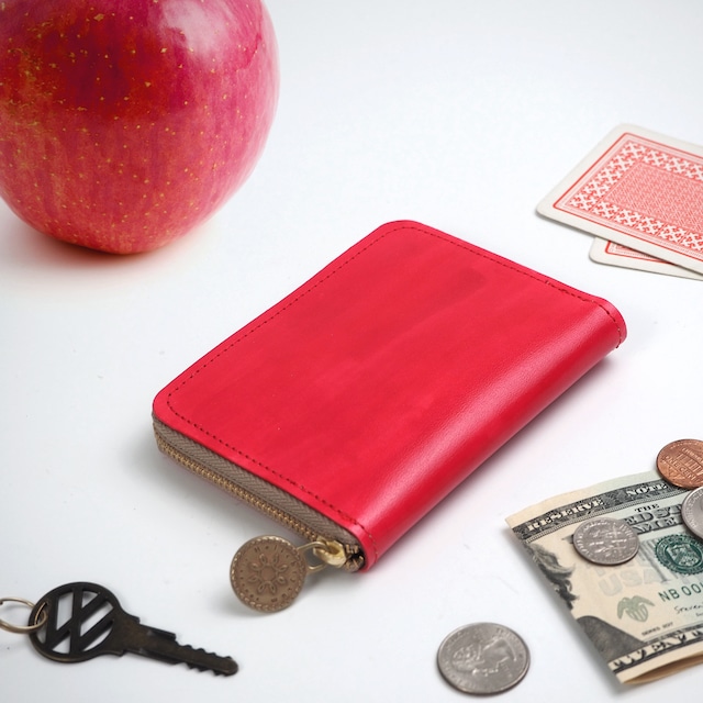 Round zipper compact wallet (red) hand painted cowhide