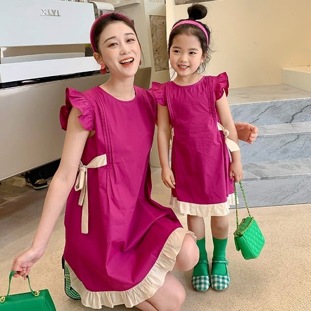 送料無料 ワンピース キッズ レディース 春 夏 パープル ピンク ワンピ 子供 女の子 親子コーデ リンクコーデ お揃い 双子 バイカラー かわいい おしゃれ フリル リボン ローズピンク 華やか フレンチスリーブ 袖あり ミニ丈 膝丈 90cm 100cm 110cm 1cm 130cm 140cm