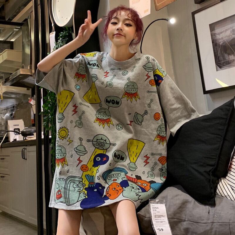 ラウンドネックプリントTシャツ スプリングサマースタイルルーズトップス 大きめサイズ かわいい 春物 夏物 Oネック ケッペル45631603958