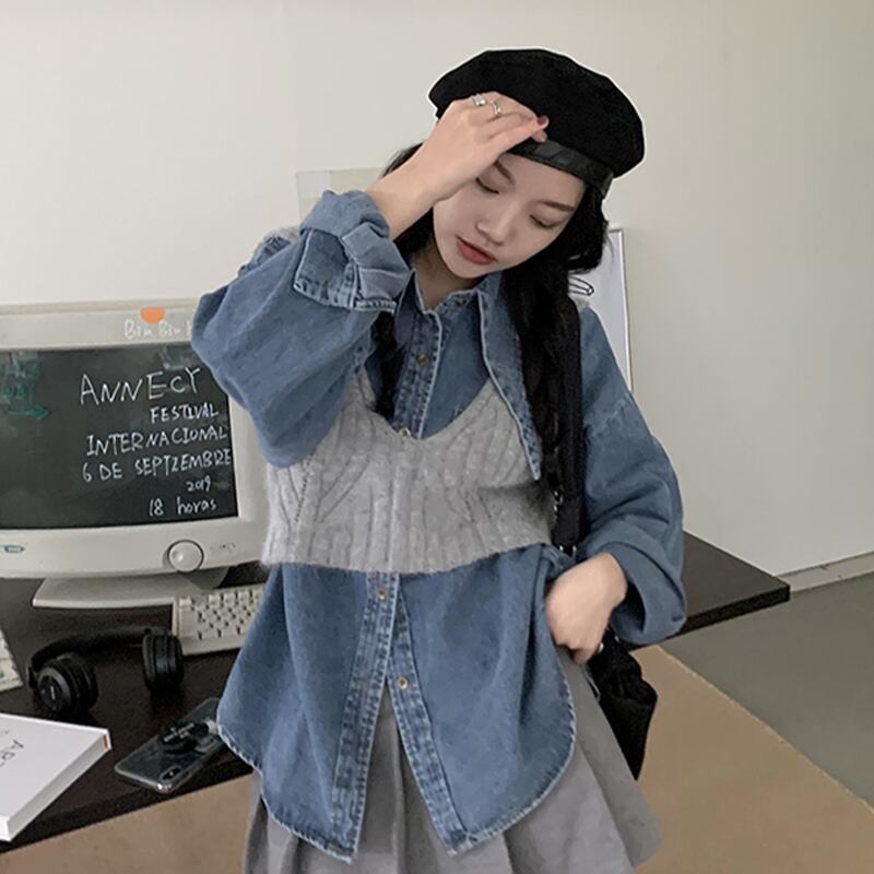 シャツ スプリングルーズスタンダードブルー ロング レトロ 春物 スーパーモール66015100008