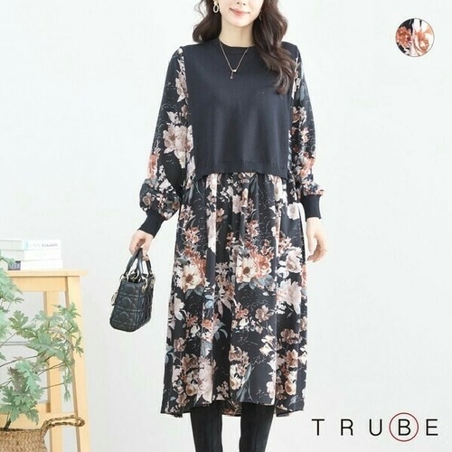 ワンピース 異素材 ドッキング花柄 N83-005 TRUBE L LL フリー 大人可愛い ミセス fmsd キレイメ 普段着 おしゃれ着 デイリーファッション 大人スタイル 婦人服 可愛い服 30代 40代 50代 60代 洋服 レディース