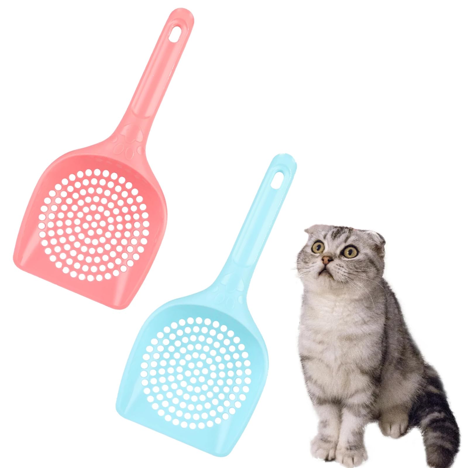 YACHUN 猫砂スコップ 2個セット ネコトイレスコップ 小きな穴 ペットうんち砂クリーナー 猫砂スコップ ペットトイレ用品(ピンク+青)