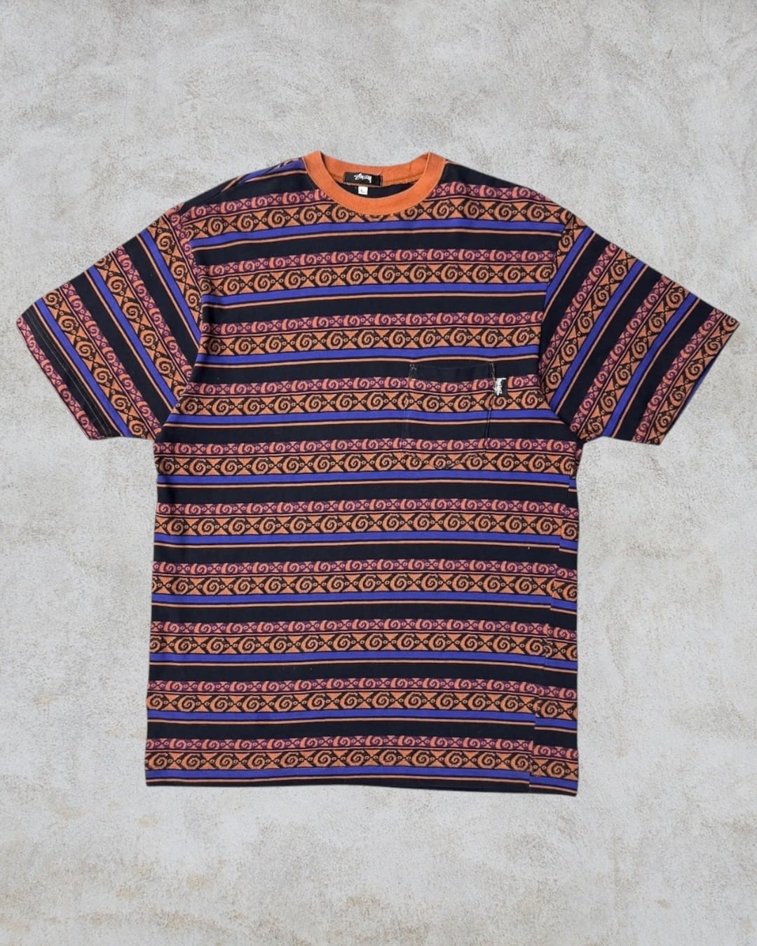 80's~90's old stussy Jacquard Pocket Tee “黒タグ” “総柄” “ボーダー