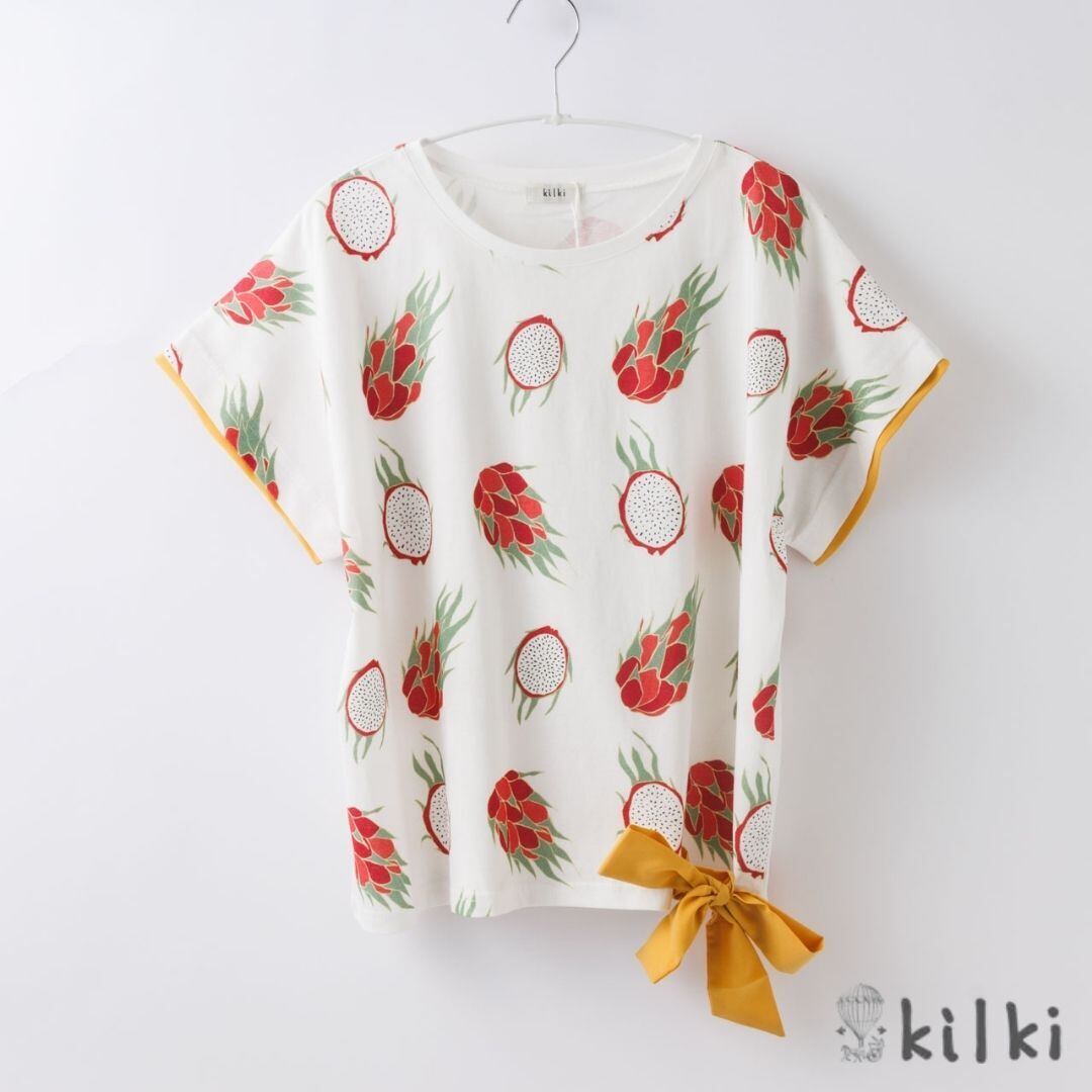 KILKI キルキー リボン Tシャツ レディース 半袖 ドラゴンフルーツ 綿100 ゆったり ブランド 体系カバー 春 夏 白 果物 柄 かわいい おしゃれ 大人 ハンドメイド ギフト プレゼント ホワイト オレンジ 6D-B03 Kl027