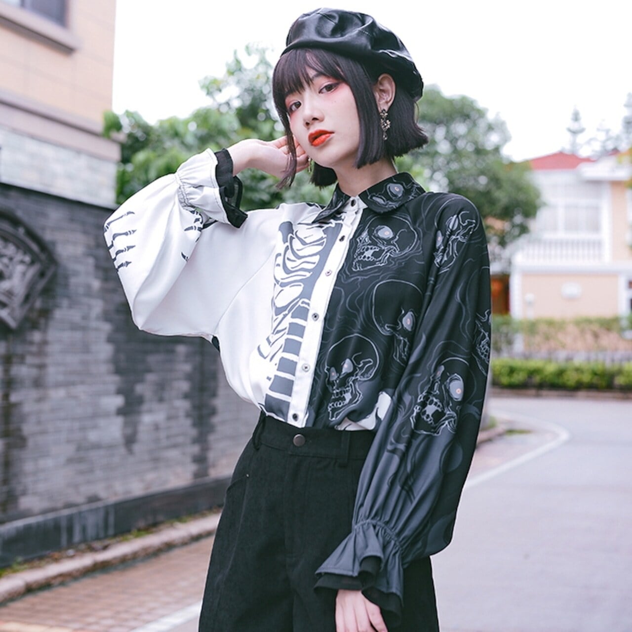 KRY サブカル地雷 地雷系 ドクロ ロンＴ 黒 紫 可愛い 骸骨 男女兼用 KRY サブカル地雷 地雷系 ドクロ ロンT 黒 紫 可愛い 骸骨 男女