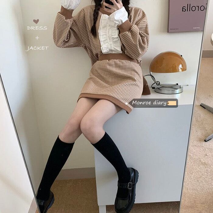 ウェスト格子柄スカート オータムウィンターセーター Aラインショート 秋物 冬物 モンロー74441942521