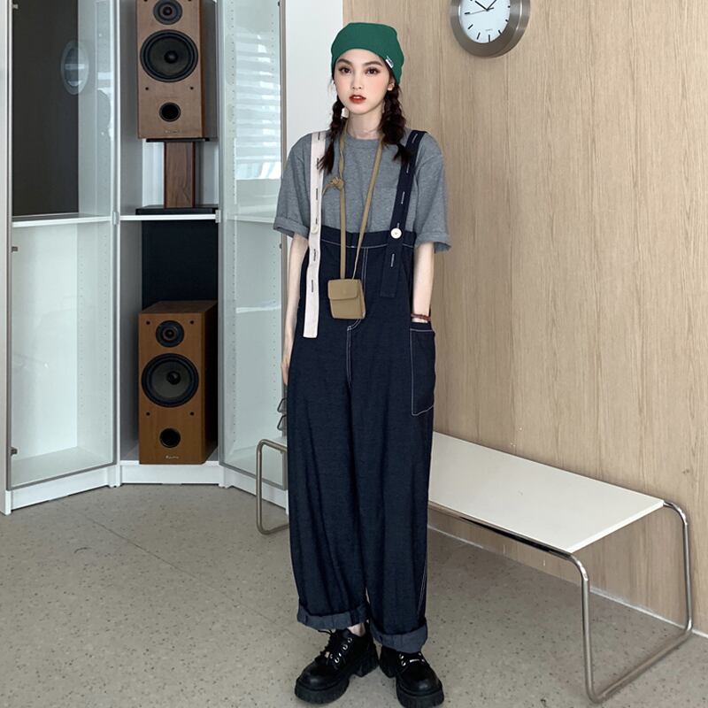 スタンダードハイウェストウェストオーバーオール ルーズサマーワイドレッグパンツ レトロ 夏物 ワイドパンツ スーパーモール46424769796