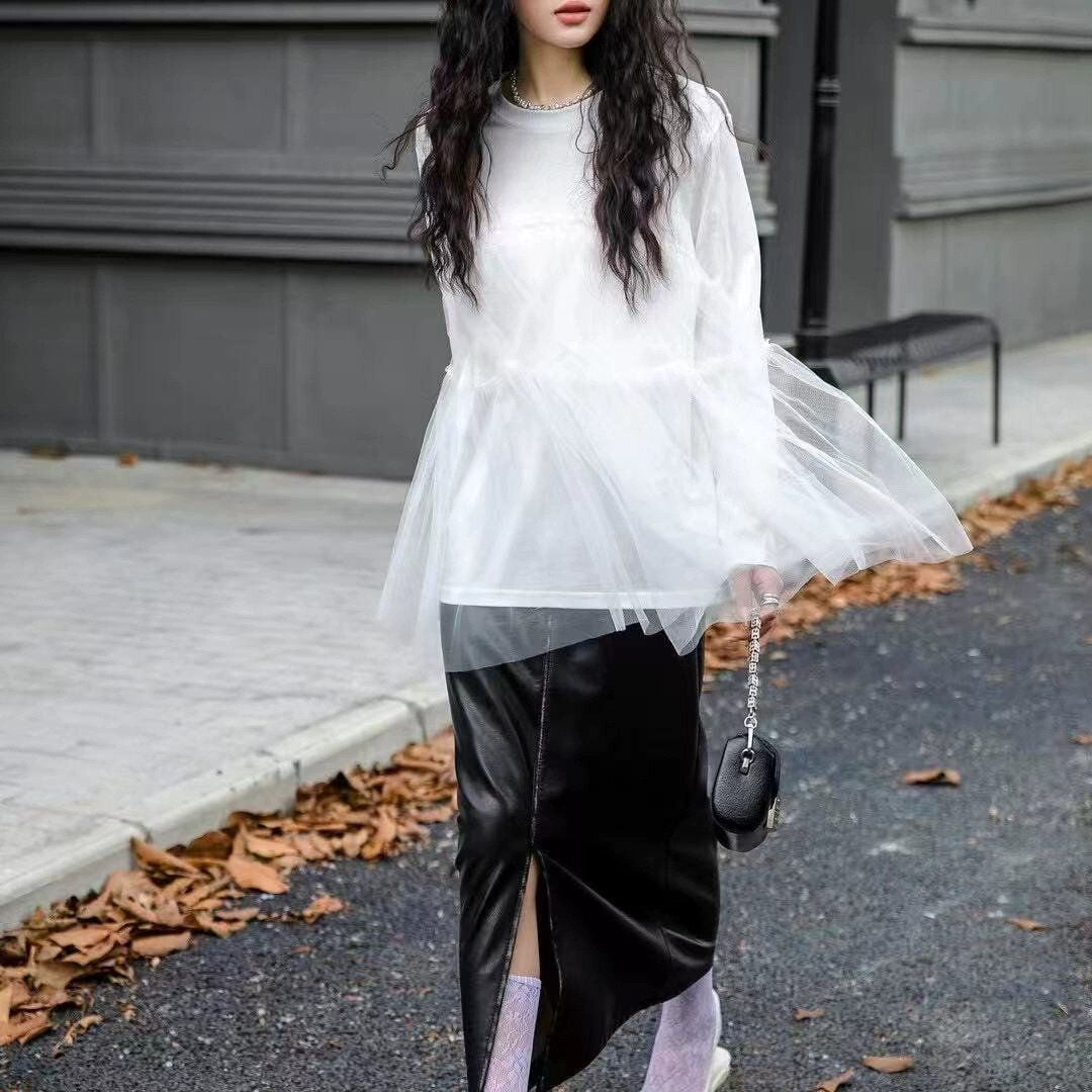 SOLID MESH LAYERED ROUND NECK LONG SLEEVES T-SHIRT 3colors M-14798