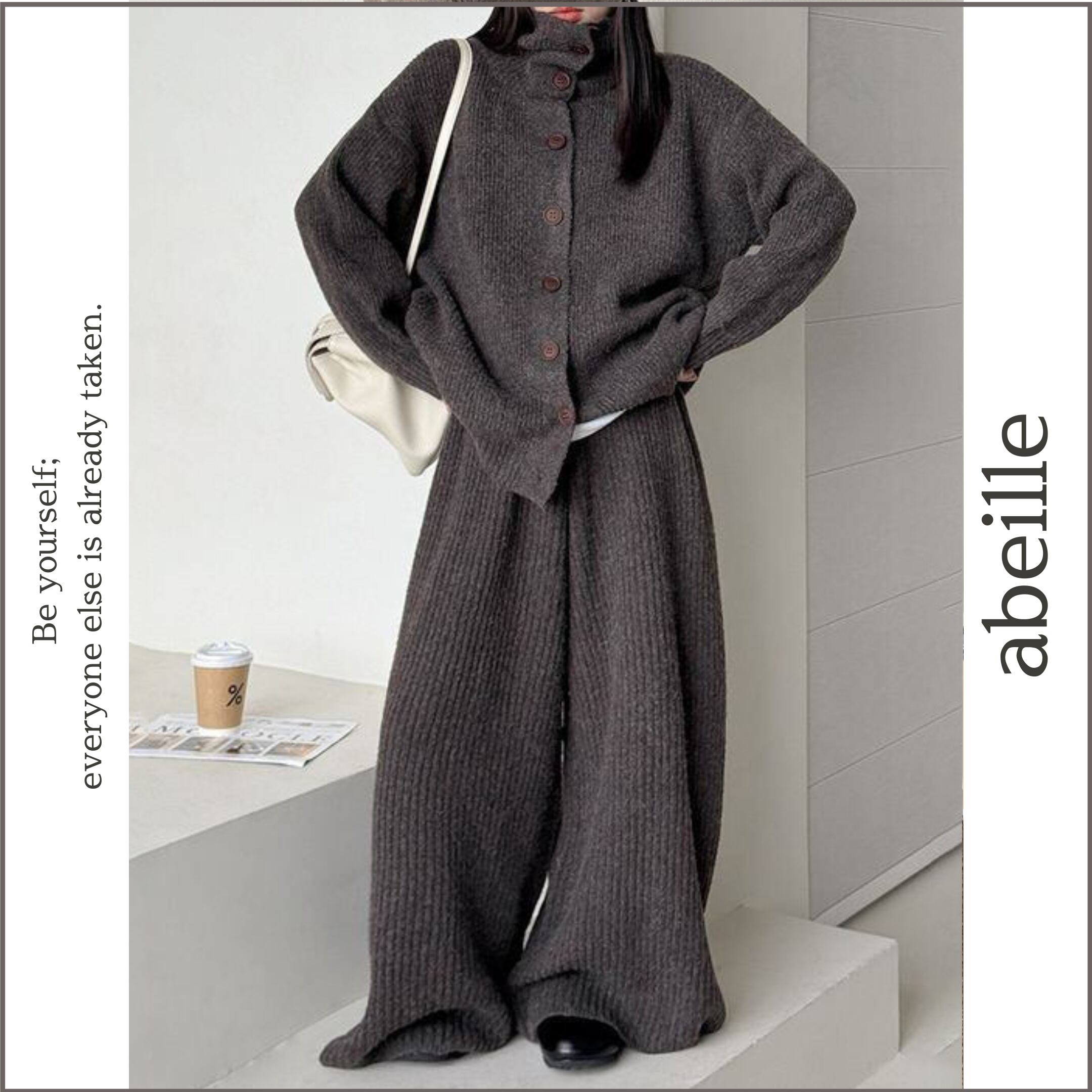 rib knit cardigan & wide pants set 14762