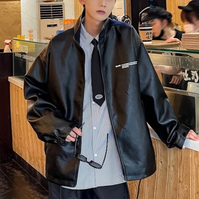 フェイクレザー ジャケット アウター ジップアップ ロゴプリント 防寒 カジュアル メンズ 韓国ファッション E Eaglerose イーグルローズ 韓国メンズファッション通販サイト