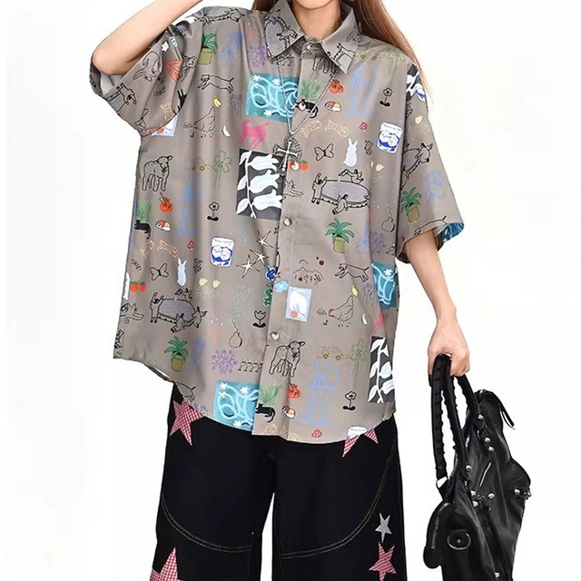 ドローイングアート総柄ショートスリーブシャツ 2col   R02120