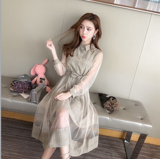 グレンチェック シースルー ワンピース シャツワンピース ロングワンピース レディース ウエストリボン 爽やか 長袖 お出かけ デート 女子会 代 30代 40代 アラサー アラフォー 春 秋 ベージュ ピンク グレー S M L Xl 2xl At567 Sunny Place