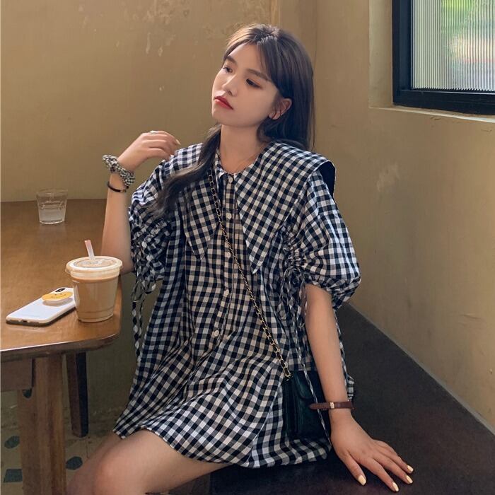 シャツ トップス サマー薄手カラー格子柄 大人ガーリー スウィート キュート カジュアル 夏物 1号婦人3430064834