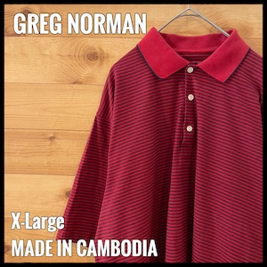 【GREG NORMAN】XL ビッグサイズ ポロシャツ 刺繍ロゴ ネイビー×レッド ボーダー ゴルフ US古着 アメリカ古着
