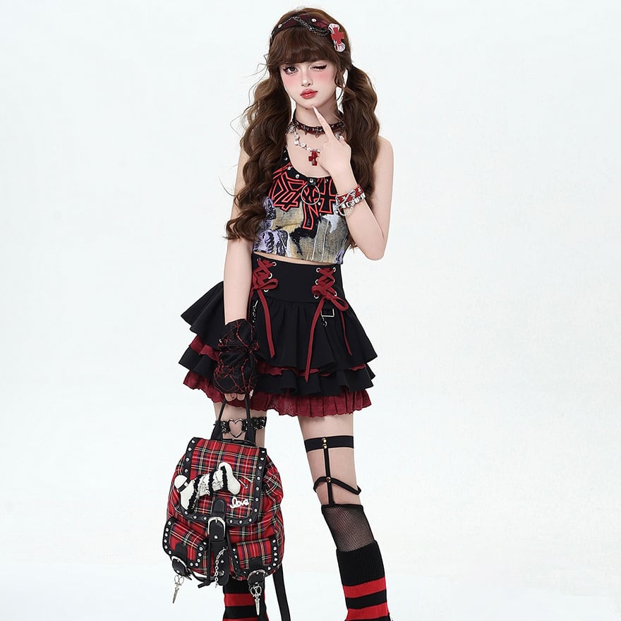 サブカル 服 地雷系 通販 ファッション 女子女子 ケーキスカート フリル パフィースカート ミニ丈 レースアップ リボン CRAZYGIRL ケーキスカート JKロリィタ