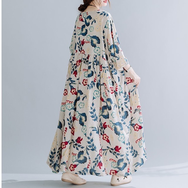 ワンピース フレアワンピース 花柄 ボタニカル柄 七分袖 Aライン ロング丈 マキシ丈 クルーネック ゆったり 体型カバー レトロ カジュアル ナチュラル 春 夏 キレナチュ セットアップやパンツドレスなど二次会ドレスに合う海外ファッションサイト Urubei
