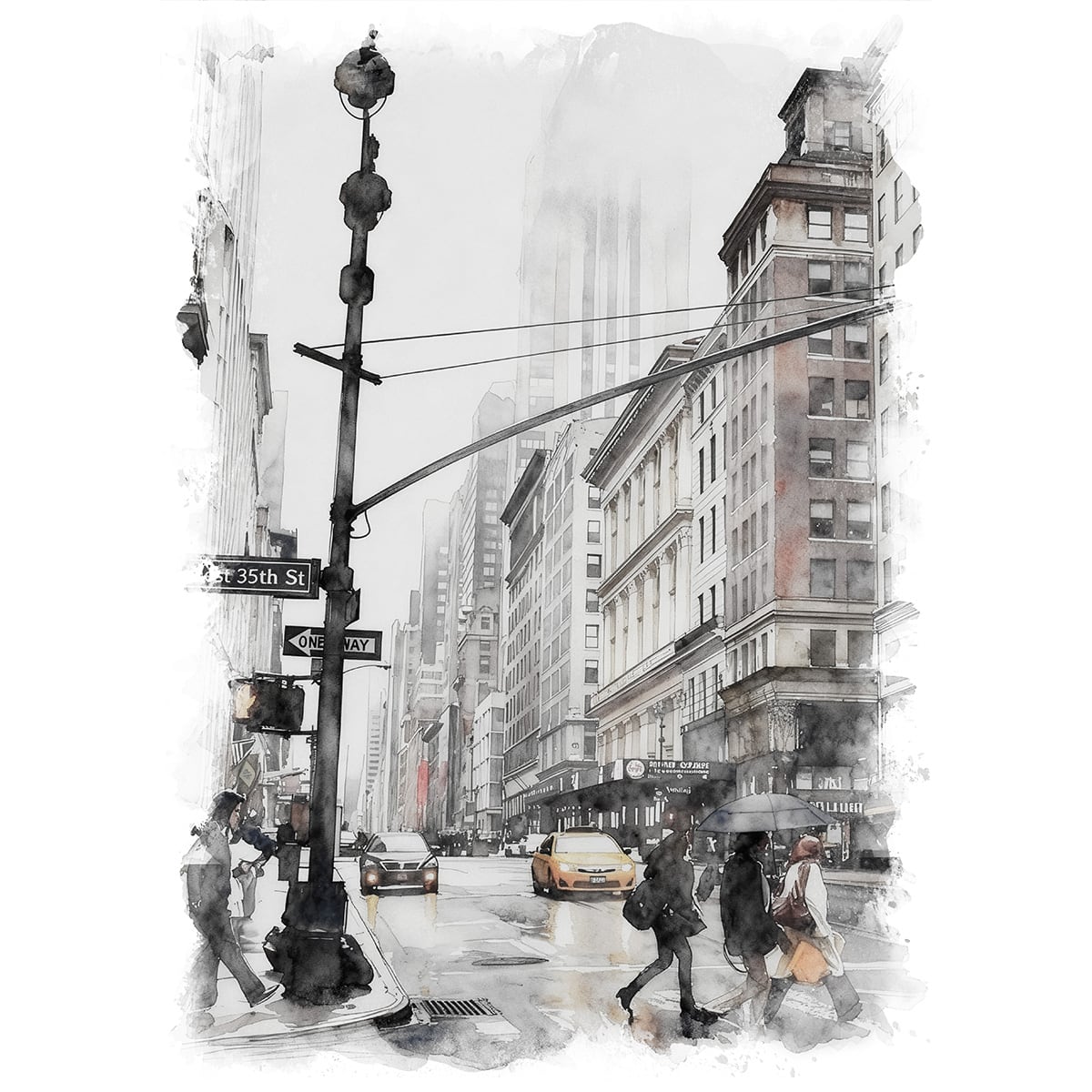絵画 風景画(街並み) アメリカ 雨のニューヨーク インテリアアート額付き 水彩画・油絵風 WAT1000