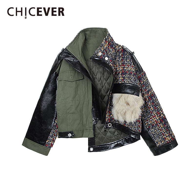 CHICEVERパッチワークファージャケット女性タートルネックラージサイズ非対称厚手のコート2020服の潮 大きめサイズ 6base580387610118