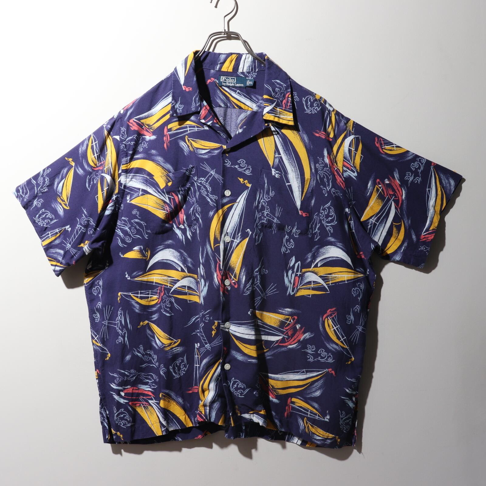 極美品 XL レーヨン ポロラルフローレン 半袖開襟シャツ ネイビー  