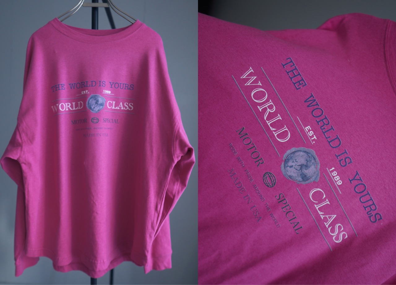 ウォッシュド加工ビンテージWorldアート logoルーズCS／pink purple