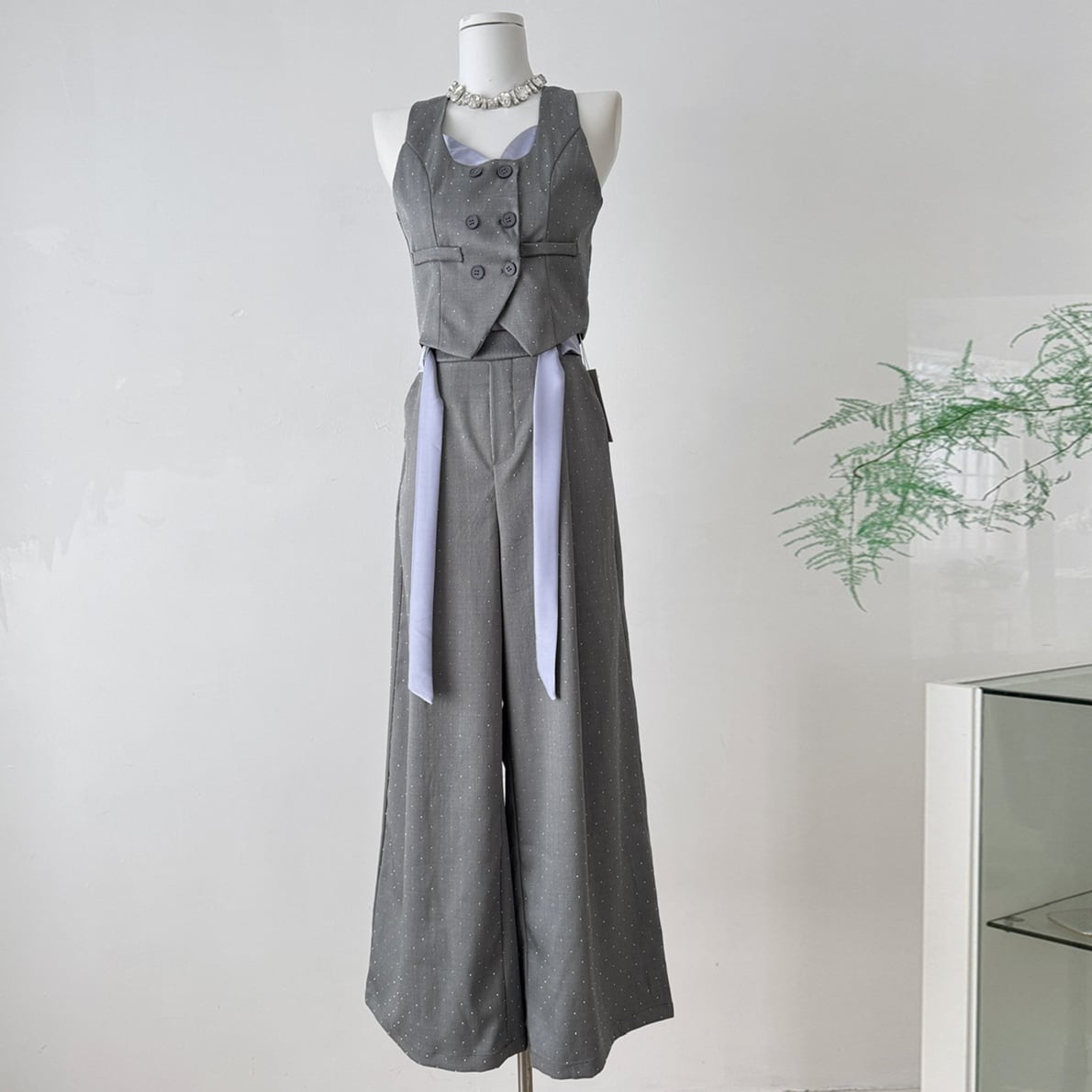 【set】ビジューベスト×ワイドパンツセット M32736