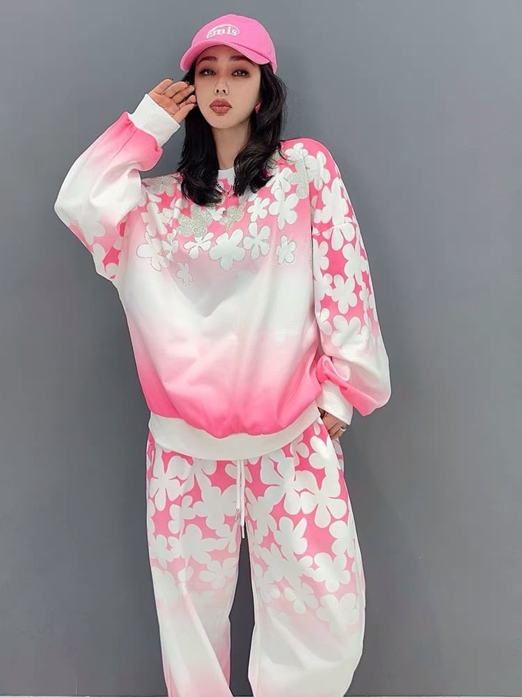 セットアップ】花柄 フラワー ピンク 水色 スウェット トレーナー