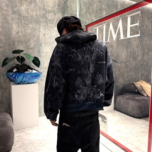 【WE11DONE】BLACK TATTOO PRINTED HOODIE ZIP-UP